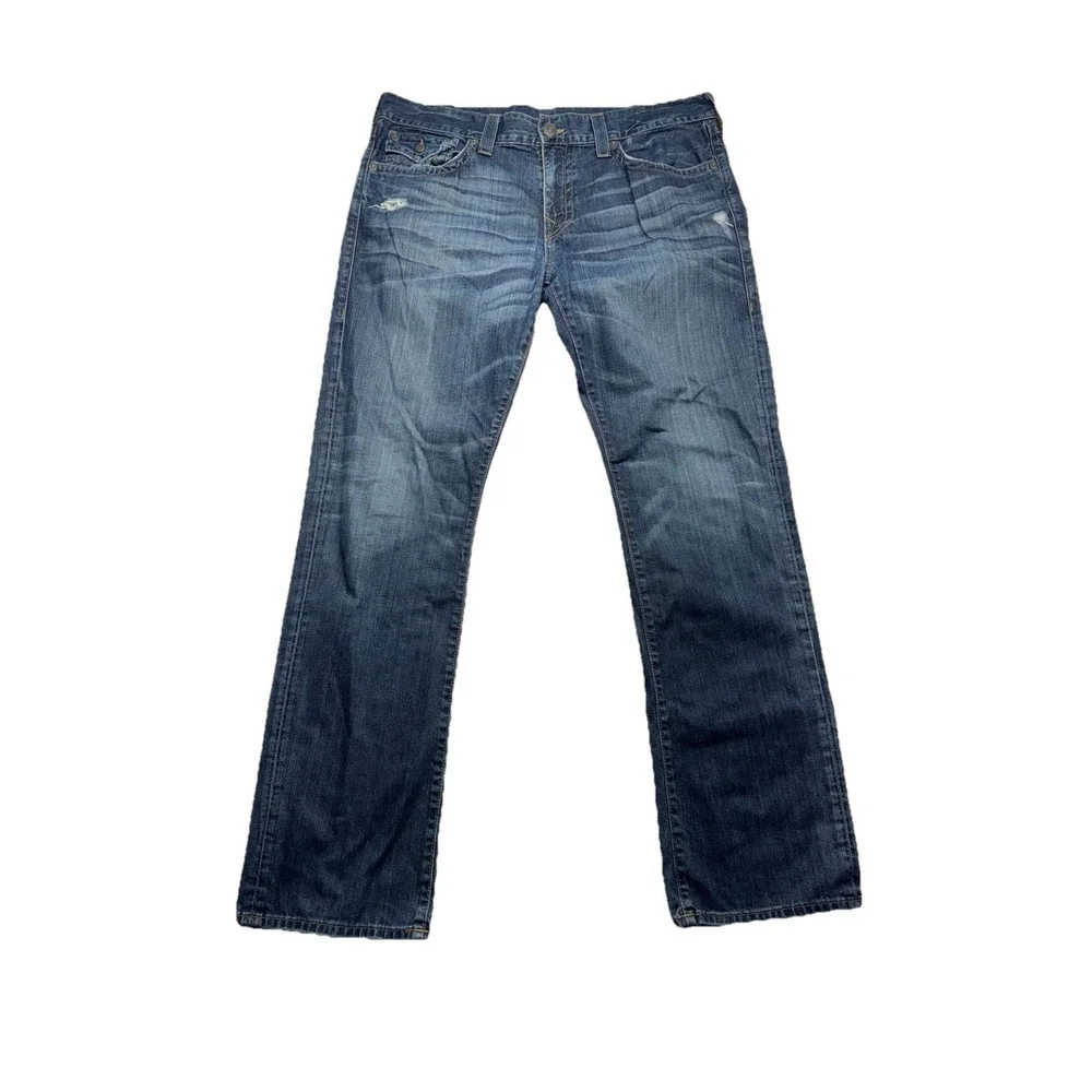 True Religion Ricky Relaxed Straight Jeans Mens 40*34 distressed whisker flap